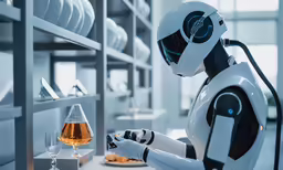 robot bartender in front of a wine glass that is being made into an orange