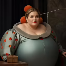 a lady in large green and brown costume holding a red ball