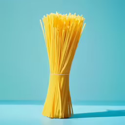 a tall yellow pasta tube sitting in the middle of a table