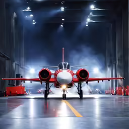 a airplane sits parked in a large hangar