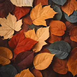 colorful autumn leaves are scattered together on the ground