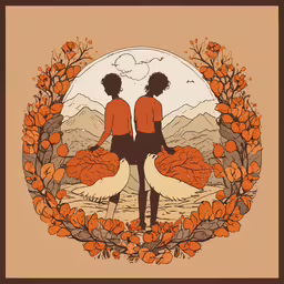 two women standing in front of a wreath on a brown background,an orange and black picture of two people standing with flowers