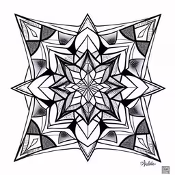 an intricate star drawing in black and white,a black and white image of an intricate star pattern,an abstract design from the inside,a geometrical flower drawing with black and white tones,a black and white flower on a white background