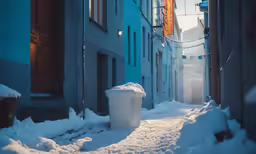 there is a trash can in the middle of a snowy alley way