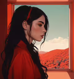 a woman is looking out a window with a red ribbon on her head,a woman with ponytails looking out of a window