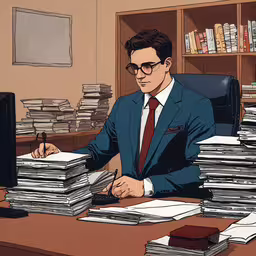 man looking at files on a cluttered office desk,a man in a suit sits at a desk with lots of files