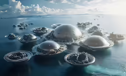 jelly fish are floating in the water near a large rock