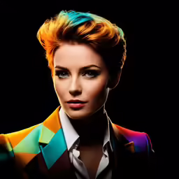 a woman with orange hair and bright make up posing for a photo