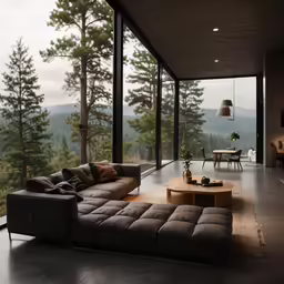 modern open living room with mountain view in background