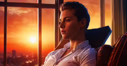 a woman in a white shirt sits in an airplane and looks out the window at sunset,a beautiful woman sitting in a chair next to a window