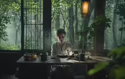 a young woman sitting at a table with a laptop