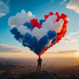someone holding a heart shaped balloon with colored clouds