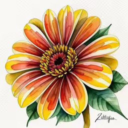 a flower painted with colored pencils is shown,a large orange flower with green leaves on it,a colorful flower with green leaves on it,the painting of a colorful flower is displayed,a watercolor painting of an orange, red and yellow flower