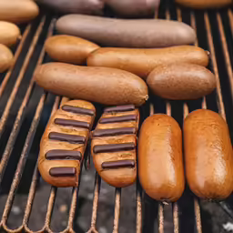 a grill with hot dogs and potatoes are grilled together