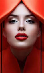 a beautiful woman with red makeup and long, curled hair