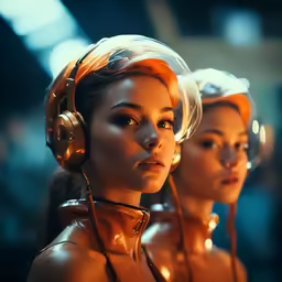 two dolls in headphones and orange skin
