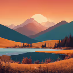 a painting of a sunrise over a mountain lake,an illustration of a mountain lake with the sun rising in the distance