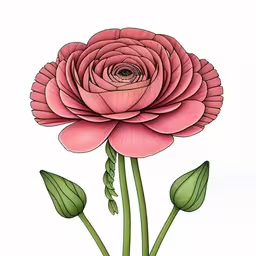 pink flowers are arranged in two equal stems,an image of a flower with two petals,an art work depicting a large flower,an ink drawing of pink flowers on white background,a pink flower that is on some green stems