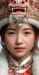 an asian girl with a demon head and a fur trimmed crown