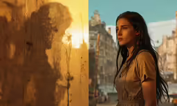a woman stands against a wall in a city