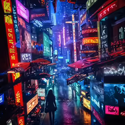 a woman in the dark, neon city lights and billboards