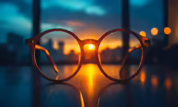 a pair of circular glasses is glowing while sitting on a table