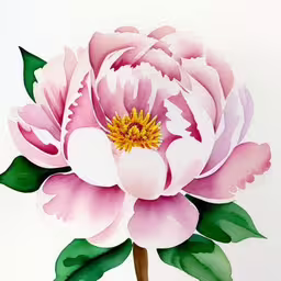 a close up of a pink flower with green leaves on it,the pink flower is drawn on white paper