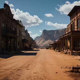 a dirt street with mountains in the background