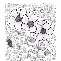 a black and white illustration with three flower stems,black and white flowers in the garden