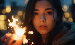 a woman holding sparklers while wearing a coat