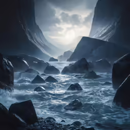 a group of rocks sitting on top of a body of water