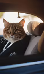 a cat with green eyes sits in the back of a car