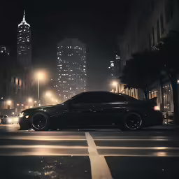 a black sedan parked at night in the city