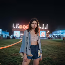 the girl stands in front of a lit up area at night