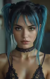 young woman with blue dyed hair and lace collar