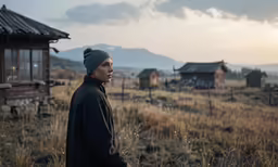 a man in the wilderness standing in front of a cabin