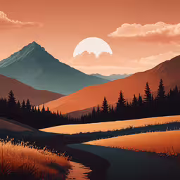 a scenic scene featuring a sunset, mountain and stream,a view of the valley and mountain range with the sun peeking above