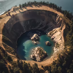a big crater by the water with some water in it