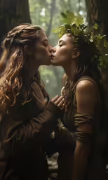 two people in costumes are kissing while they are surrounded by trees