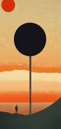 a person standing under an orange and red sunset,an orange sky and a man and a giant object