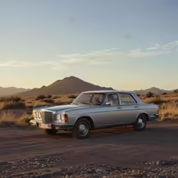 a small car in a desert area surrounded by mountains