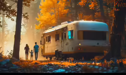 a couple walking away from an rv in the woods