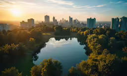 an aerial view of a city and water surrounded by trees