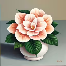a painting of a flower on a gray background,a large pink flower sitting in a white vase