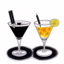 two martinis are sitting on two black and white coasters,two drinks sit next to each other on top of a table