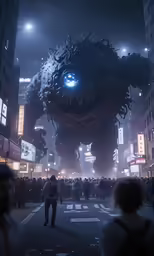 a large monster creature with glowing eyes towering over a crowded street