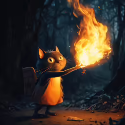 a small cat is in the woods with fire