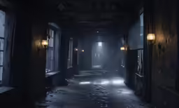an empty dark street with light and dirty floor