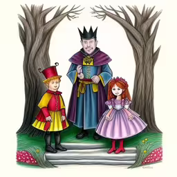 the family has their picture painted on to of them,a drawing of a man and two kids, one dressed as a king