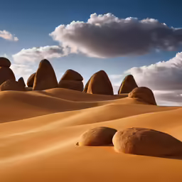 a bunch of rock formations in the sand with clouds above